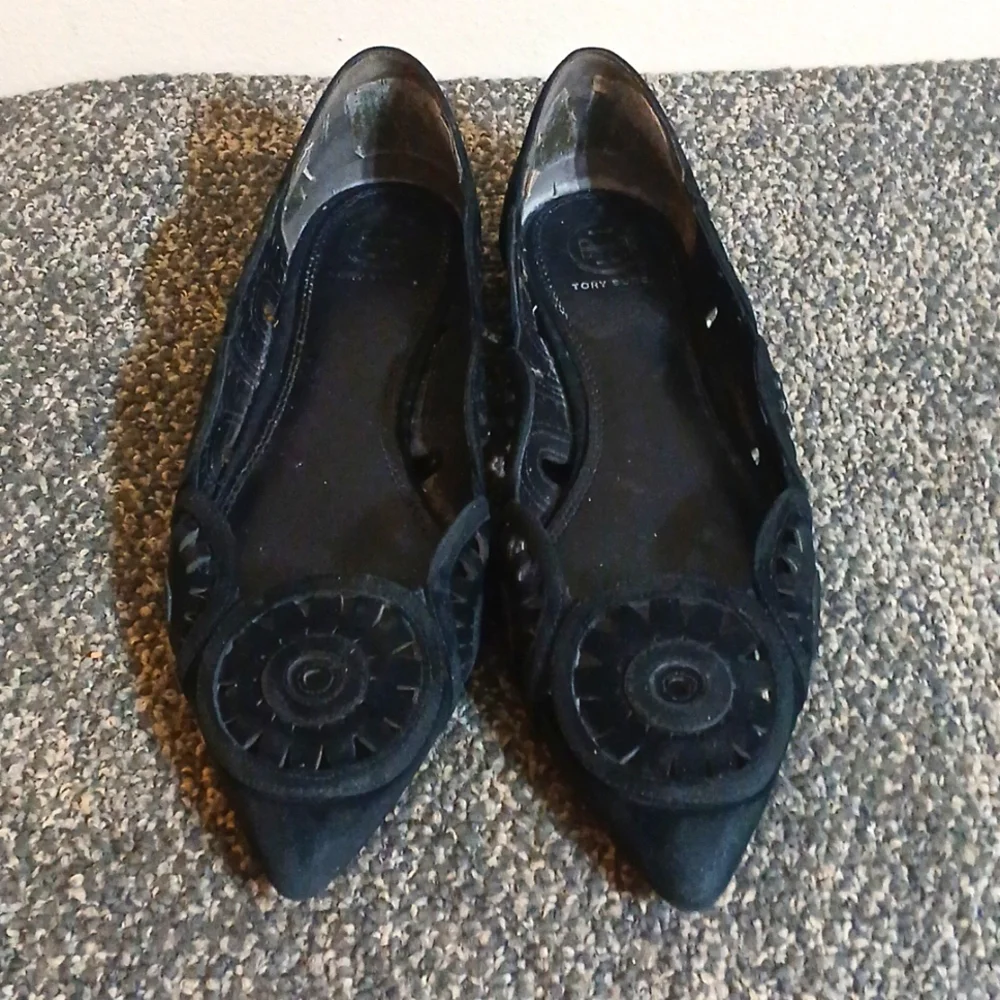 Tory Burch size 8.5 black leather suede slip on flats